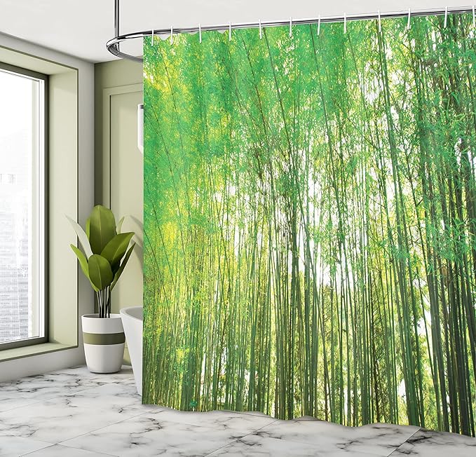 Ambesonne Woodland Shower Curtain, Tall Trees Forest Natural Botanical Garden Scenery Landscape Print, Cloth Fabric Bathroom Decor Set with Hooks, 69" W x 70" L, Yellow Olive Green Green