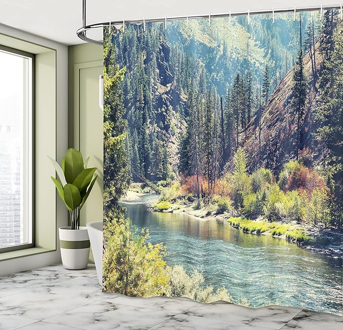 Ambesonne Landscape Shower Curtain, Scenic Mountain with Pine Trees and Flowing River Colorful Foliage Daytime Nature, Cloth Fabric Bathroom Decor Set with Hooks, 69" W x 84" L, Blue Night