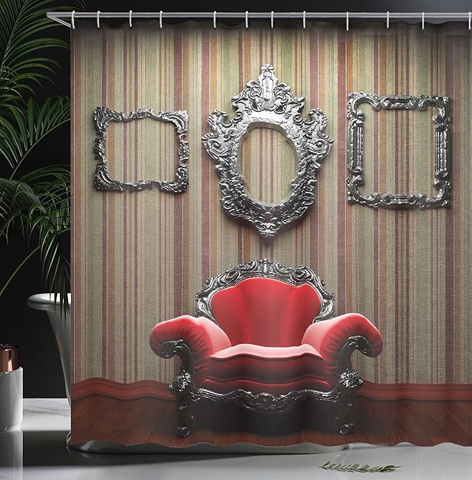 Ambesonne Antique Shower Curtain, Wall and Chair Vintage Picture Frame Vertical Striped Background Timber Floor Image, Cloth Fabric Bathroom Decor Set with Hooks, 69" W x 70" L, Red Cream