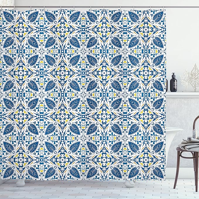 Ambesonne Yellow and Blue Shower Curtain, Portuguese Traditional Tiles Abstract Mosaic Floral Swirl Motifs, Cloth Fabric Bathroom Decor Set with Hooks, 69" W x 75" L, Orange Yellow
