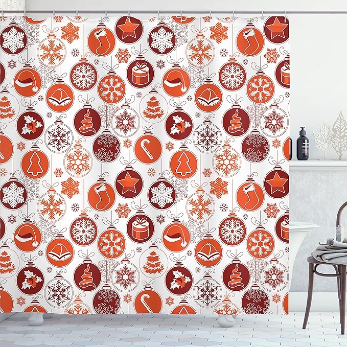 Ambesonne Christmas Shower Curtain, Classical Themed Old Fashioned Celebration Carols Winter Design Patterns, Cloth Fabric Bathroom Decor Set with Hooks, 69" W x 84" L, White Vermilion