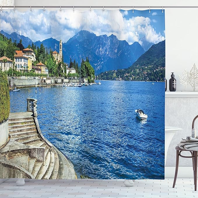 Ambesonne Nature Shower Curtain, Pastoral Lake Como by Rocky Cliffs Boat in River Holiday Sea Shore Peace Design Print, Cloth Fabric Bathroom Decor Set with Hooks, 69" W x 70" L, Blue