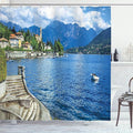 Ambesonne Nature Shower Curtain, Pastoral Lake Como by Rocky Cliffs Boat in River Holiday Sea Shore Peace Design Print, Cloth Fabric Bathroom Decor Set with Hooks, 69" W x 70" L, Blue