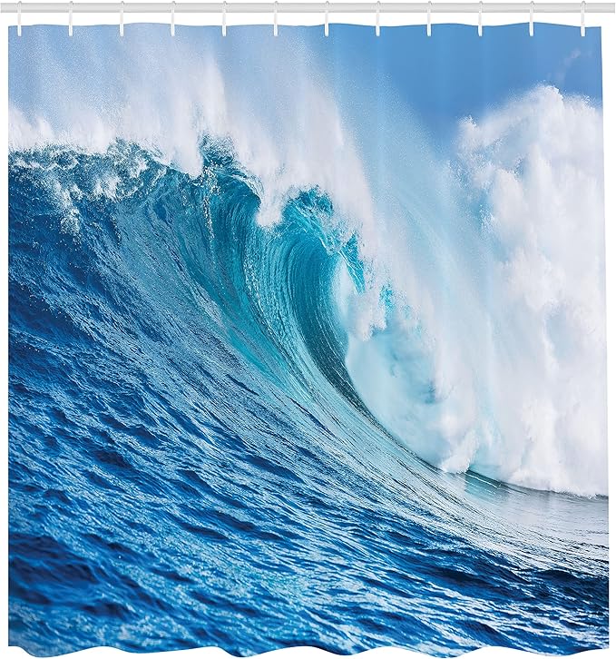 Ambesonne Ocean Shower Curtain, Large Powerful Pasific Sea Storm Huge Wave Crashes Hard Surfing Picture, Cloth Fabric Bathroom Decor Set with Hooks, 69" W x 75" L, Blue and White