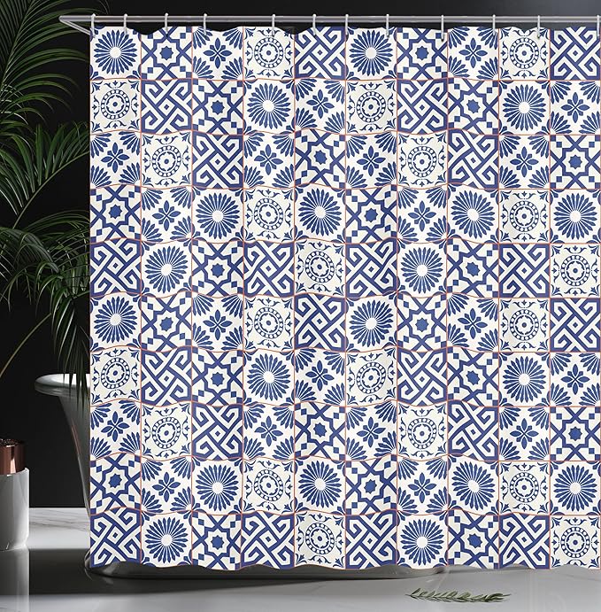 Ambesonne Moroccan Shower Curtain, Old Ottoman Style Inspired Mix of Moroccan Tiles in Modern Shades Art Print, Cloth Fabric Bathroom Decor Set with Hooks, 69" W x 84" L, Grey Blue
