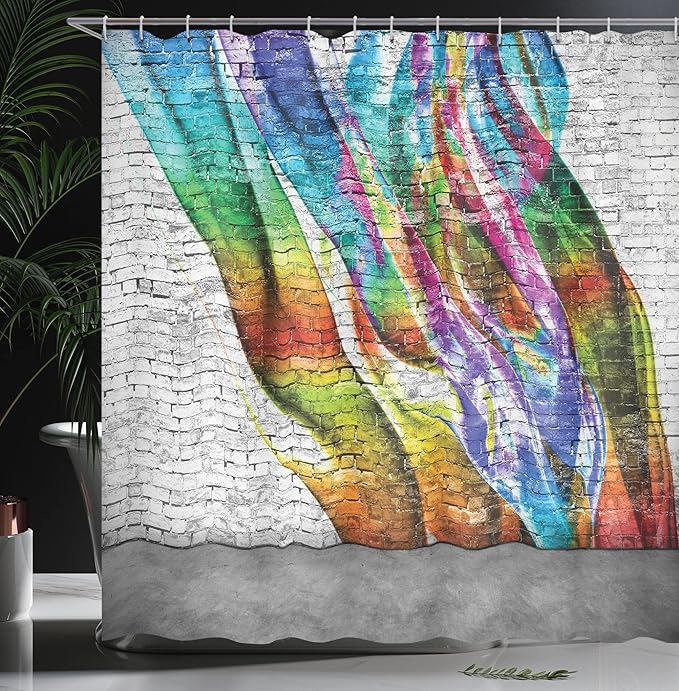 Ambesonne Brick Wall Shower Curtain, Abstract Graffiti Painted on Grunge Stones Harmony of The Colors Street Art Colorful, Cloth Fabric Bathroom Decor Set with Hooks, 69" W x 75" L, Rainbow Colors