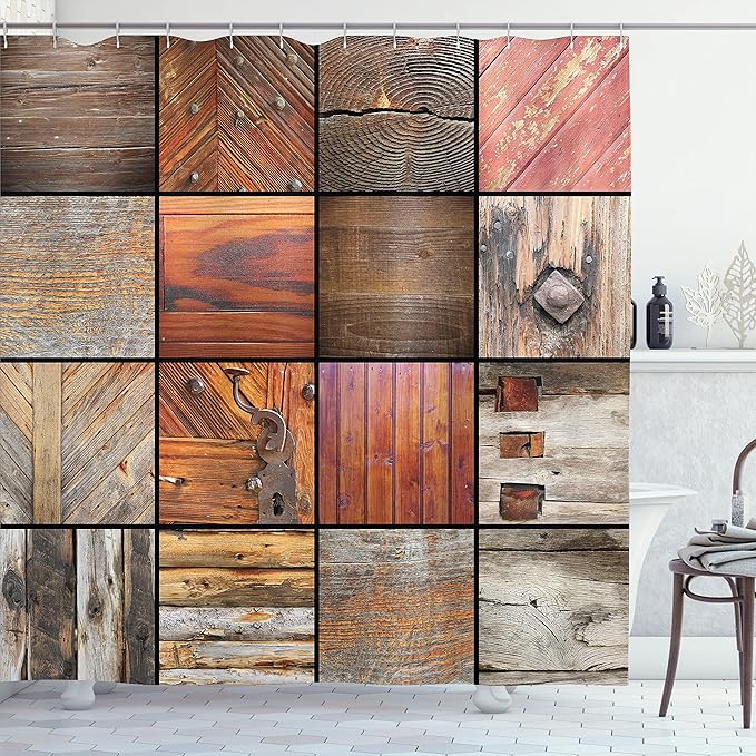 Ambesonne Antique Shower Curtain, Assortment of Different Wooden Architecture Elements Timber Door Key Print, Cloth Fabric Bathroom Decor Set with Hooks, 69" W x 84" L, Chocolate Brown