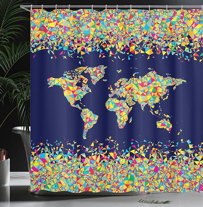 Ambesonne Map Print Shower Curtain, World Map Design with Mosaics Print Global Scene Atlas Colorful Art, Cloth Fabric Bathroom Decor Set with Hooks, 69" W x 84" L, Dark Blue Yellow Blue