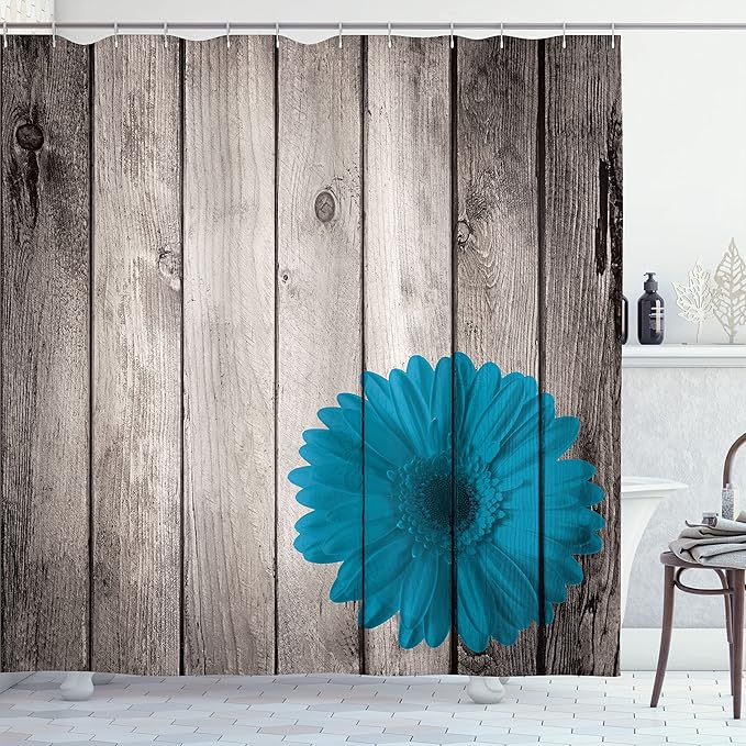 Ambesonne Rustic Shower Curtain, Flower Red Dahlia on Foreground of Murky Featured Dated Wooden Board Retro Art Print, Cloth Fabric Bathroom Decor Set with Hooks, 69" W x 75" L, Sea Blue