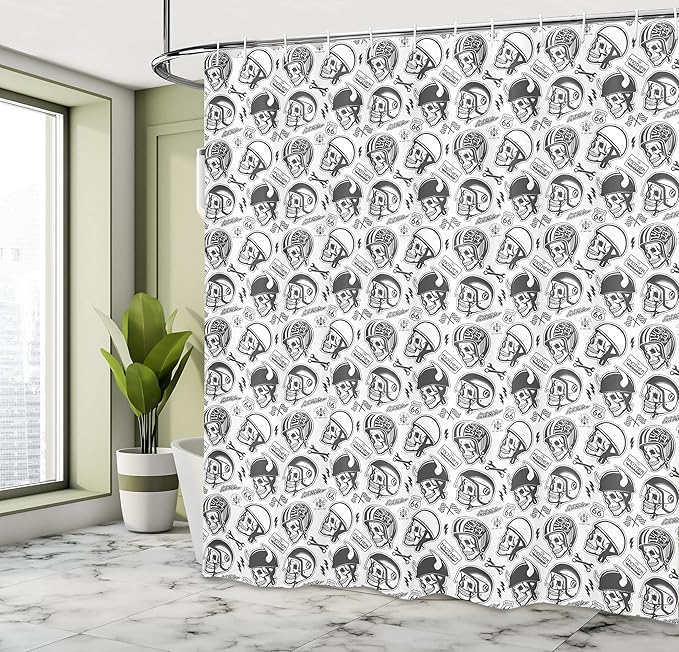 Ambesonne Manly Shower Curtain, Greyscale Pattern with Rider Skulls Bone Bikers Repair Shops Services Art, Cloth Fabric Bathroom Decor Set with Hooks, 69" W x 75" L, Charcoal Grey White
