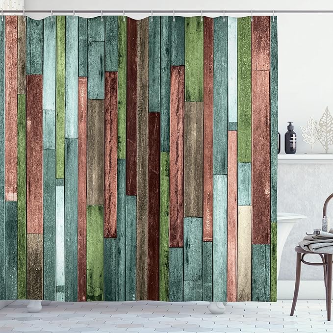 Ambesonne Wooden Print Shower Curtain, Brown Old Hardwood Floor Plank Grunge Lodge Garage Natural Rural Graphic, Cloth Fabric Bathroom Decor Set with Hooks, 69" W x 70" L, Dark Rosewood