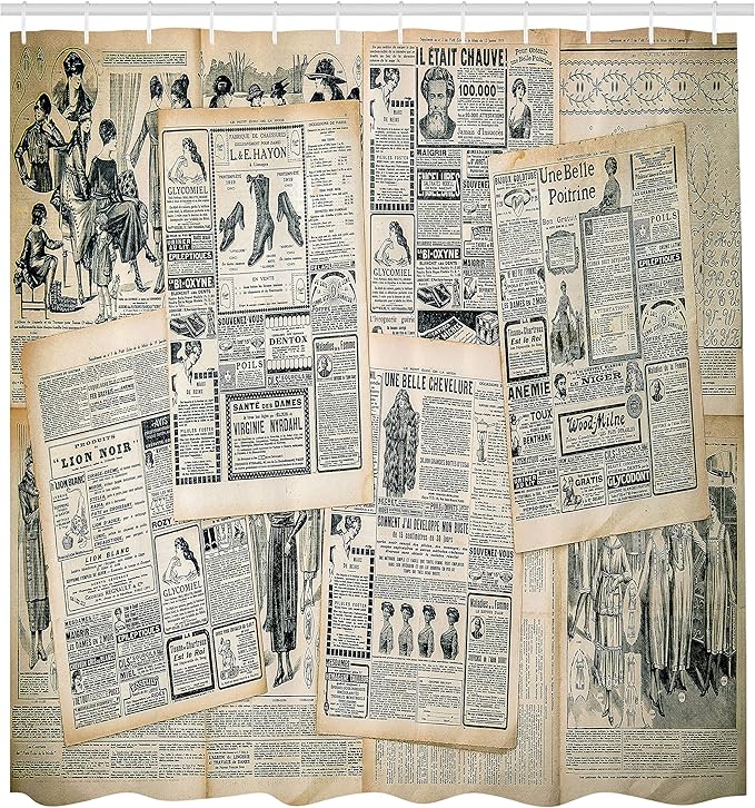 Ambesonne Antique Shower Curtain, Vintage Style Sepia Toned Newspapers Print and Old Fashioned Nostalgic Themed Illustrations, Cloth Fabric Bathroom Decor Set with Hooks, 69" W x 84" L, Green Beige