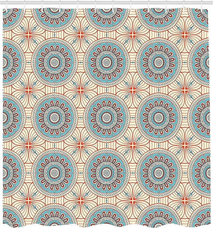 Ambesonne Tribal Shower Curtain, Abstract Style Background Flower Pattern Mystical Print, Cloth Fabric Bathroom Decor Set with Hooks, 69" W x 70" L, Aqua and Orange