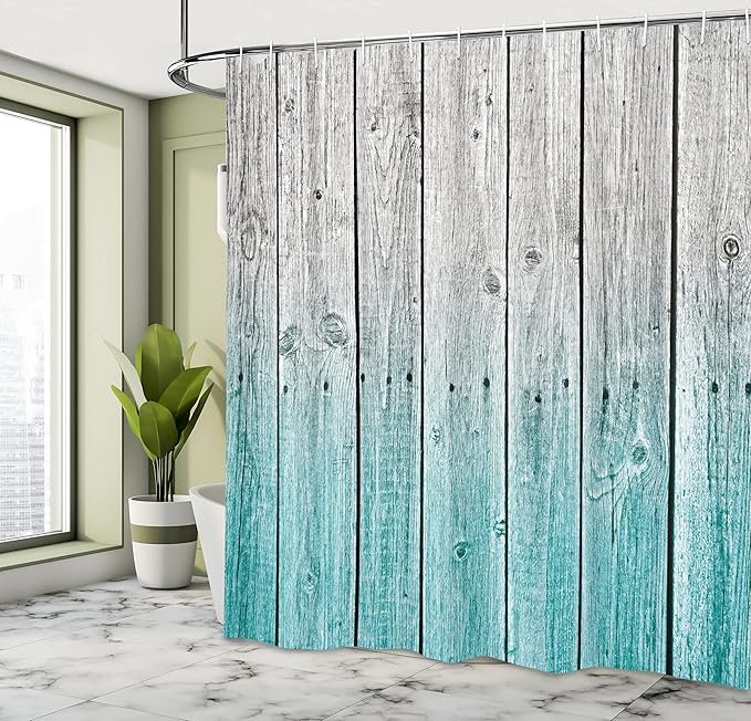 Ambesonne Rustic Shower Curtain, Powder Room Decorations Wood Panels Background with Digital Tones Effect Country House Image, Cloth Fabric for Home Bathroom Decor Set with Hooks, 69" W x 84" L, Grey