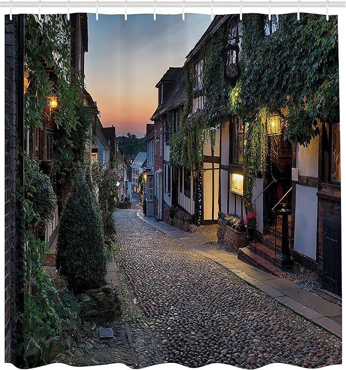 Ambesonne Scenery Shower Curtain, Nighttime on The Cobbles at Mermaid Street in East Sussex Cottages Houses, Cloth Fabric Bathroom Decor Set with Hooks, 69" W x 75" L, Blue Grey and Green