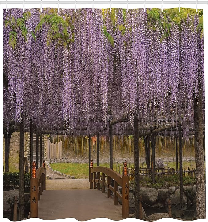 Ambesonne Japanese Shower Curtain, Lilac Flowers Hanging Down from Terrace Top to Bottom Field Paradise Scenery, Cloth Fabric Bathroom Decor Set with Hooks, 69" W x 70" L, Purple Brown