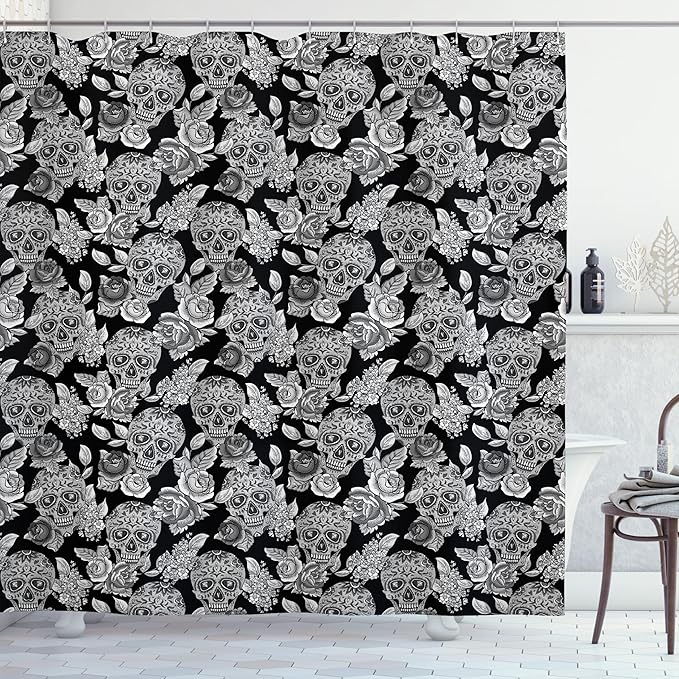 Ambesonne Masquerade Shower Curtain, Gothic Folk Art Collection Skulls with Flowers Monochrome Muertos Tombstone, Cloth Fabric Bathroom Decor Set with Hooks, 69" W x 70" L, White and Black