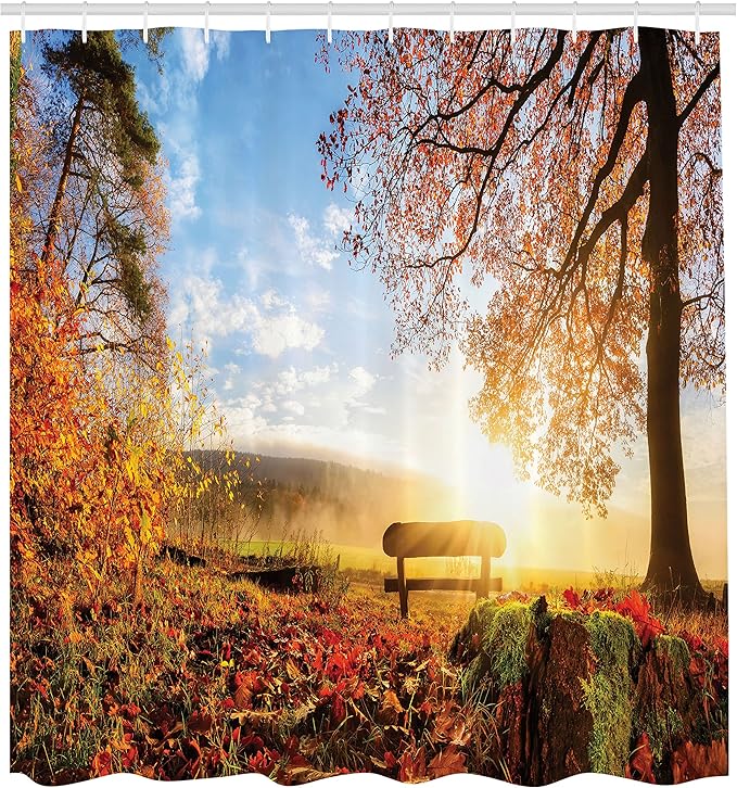 Ambesonne Forest Shower Curtain, Autumn Landscape The Sun Warmly on a Bench Under Tree Scene Holiday, Cloth Fabric Bathroom Decor Set with Hooks, 69" W x 84" L, Orange Blue and Red