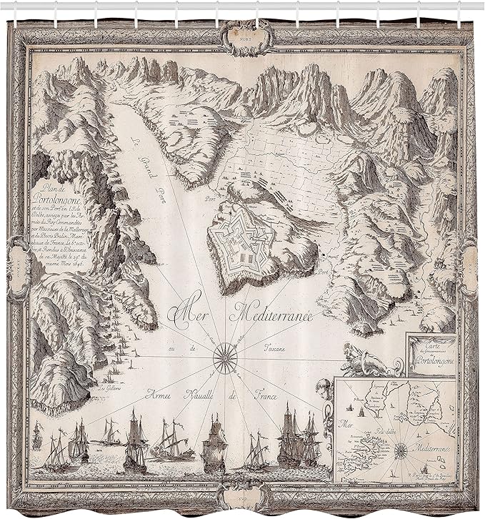 Ambesonne Map Print Shower Curtain, Old Map Warships Countries Kingdoms Locations Geographical Art Retro Design, Cloth Fabric Bathroom Decor Set with Hooks, 69" W x 75" L, Beige and Brown