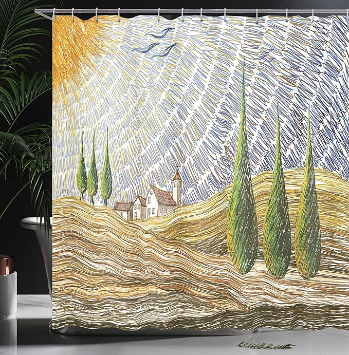 Ambesonne Italian Shower Curtain, Van Gogh Style Italy Valley Rural Fields European Scenery Painting Print, Cloth Fabric Bathroom Decor Set with Hooks, 69" W x 75" L, Lime Green Apricot Night Blue
