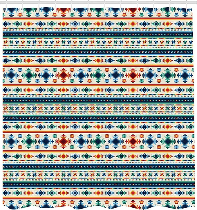Ambesonne Abstract Shower Curtain, Tribal Abstract Seamless Aztec Geometrical Prehistoric Pattern, Cloth Fabric Bathroom Decor Set with Hooks, 69" W x 70" L, Blue White and Orange