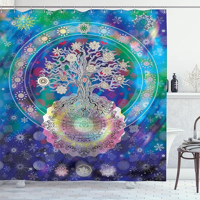 Ambesonne Mandala Shower Curtain, Tree of Life Image Floral Style Patterns and Mandala Design, Cloth Fabric Bathroom Decor Set with Hooks, 69" W x 84" L, Blue Purple