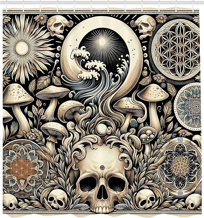 Ambesonne Gothic Art Shower Curtain, Concealed Illustration of Mushroom Skulls and Mandala Motives, Cloth Fabric Bathroom Decor Set with Hooks, 69" W x 70" L, Eggshell and Charcoal Grey