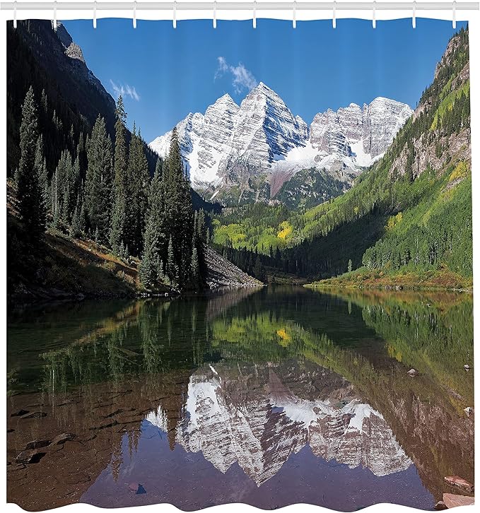 Ambesonne Landscape Shower Curtain, Snow Covered Maroon Bells in Autumn Trees Mountain Reflection Lake Scenery, Cloth Fabric Bathroom Decor Set with Hooks, 69" W x 70" L, Green Blue White