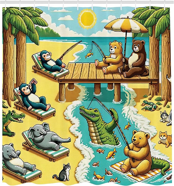 Ambesonne Funny Animals Shower Curtain, Sunbathing Elephants Monkeys Fishing Bears Swimming Gator Happy Day, Cloth Fabric Bathroom Decor Set with Hooks, 69" W x 84" L, Yellow Aqua Green