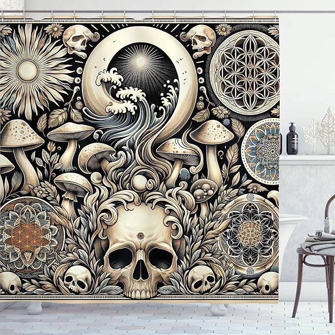 Ambesonne Gothic Art Shower Curtain, Concealed Illustration of Mushroom Skulls and Mandala Motives, Cloth Fabric Bathroom Decor Set with Hooks, 69" W x 70" L, Eggshell and Charcoal Grey