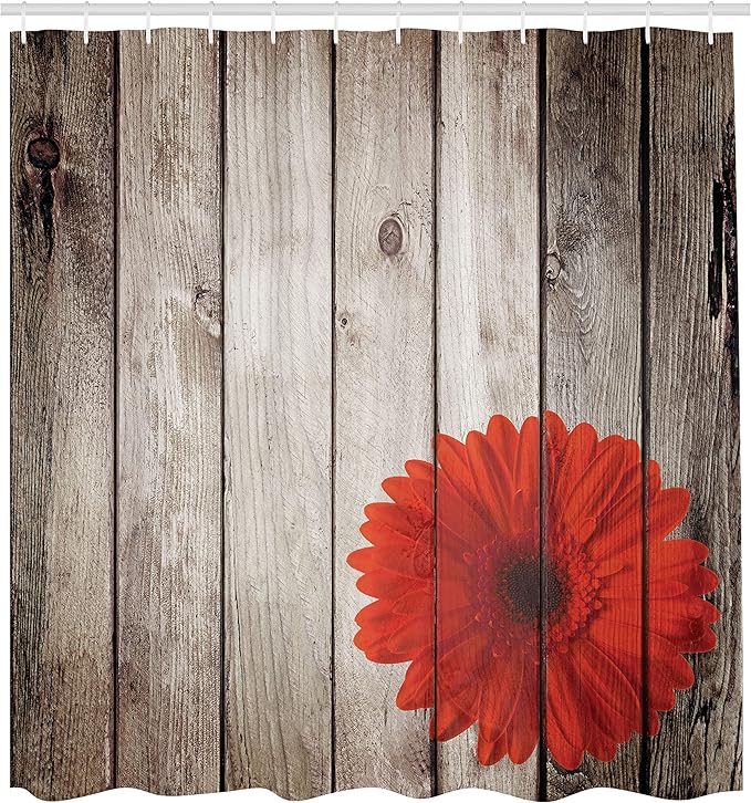 Ambesonne Rustic Shower Curtain, Flower Red Dahlia on Foreground of Murky Featured Dated Wooden Board Retro Art Print, Cloth Fabric Bathroom Decor Set with Hooks, 69" W x 70" L, Brown