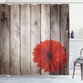 Ambesonne Rustic Shower Curtain, Flower Red Dahlia on Foreground of Murky Featured Dated Wooden Board Retro Art Print, Cloth Fabric Bathroom Decor Set with Hooks, 69" W x 84" L, Brown