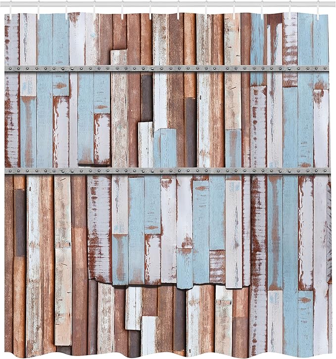 Ambesonne Rustic Shower Curtain, Nautical Wooden Planks Tree Designs on Rusty Screws Art Print, Cloth Fabric Bathroom Decor Set with Hooks, 69" W x 84" L, Brown White and Blue