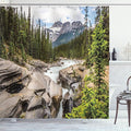 Ambesonne Landscape Shower Curtain, River Float Between Rocks in Forest Northern Recreation Camping Rafting Woods, Cloth Fabric Bathroom Decor Set with Hooks, 69" W x 75" L, Green White