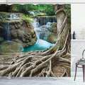 Ambesonne Waterfall Shower Curtain, Aged Tree Roots and Waterfall Landscape in Deep Forest Novelty on Earth, Cloth Fabric Bathroom Decor Set with Hooks, 69" W x 70" L, Blue Green Brown