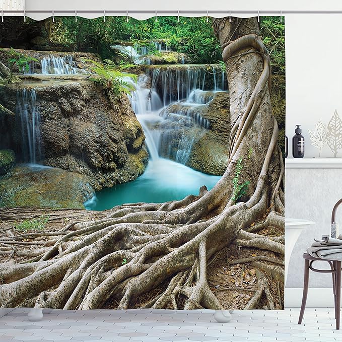 Ambesonne Waterfall Shower Curtain, Aged Tree Roots and Waterfall Landscape in Deep Forest Novelty on Earth, Cloth Fabric Bathroom Decor Set with Hooks, 69" W x 70" L, Blue Green Brown