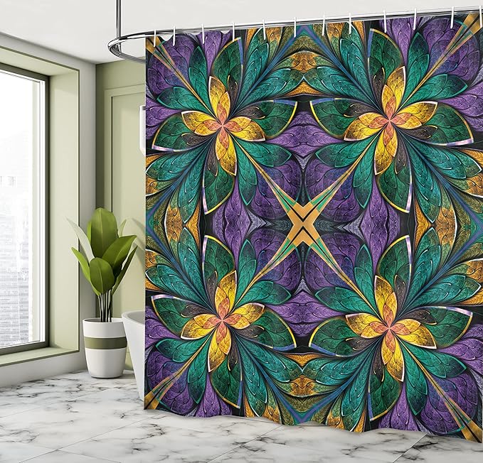 Ambesonne Fractal Shower Curtain, Antique Ornate Symmetric Stained Glass Mosaic Window Style Floral Tile Pattern, Cloth Fabric Bathroom Decor Set with Hooks, 69" W x 84" L, Green Purple