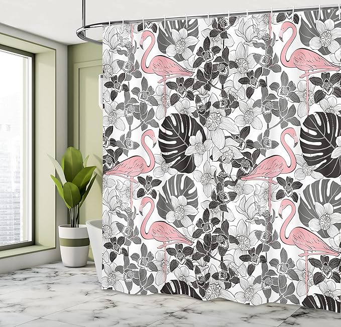 Ambesonne Flamingo Shower Curtain, Flamingos Pattern Leaves and Flowers Tropical Plants on The Background, Cloth Fabric Bathroom Decor Set with Hooks, 69" W x 70" L, Black Grey Pale Pink