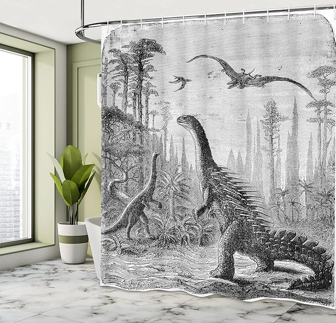 Ambesonne Fantasy Shower Curtain, Dinosaurs Dragons in an Araucaria Landscape Prehistorics on Earth Trex Illustration Print, Cloth Fabric Bathroom Decor Set with Hooks, 69" W x 70" L, Grey