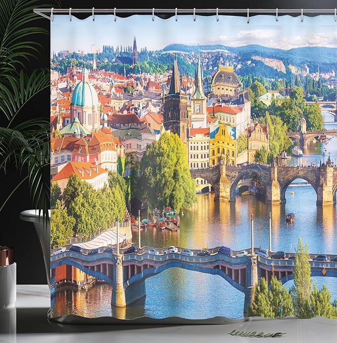 Ambesonne Scenery Shower Curtain, Scenic Summer Old Town Charles Bridge Over Vltava River in Prague Czech Republic, Cloth Fabric Bathroom Decor Set with Hooks, 69" W x 84" L, Multicolor