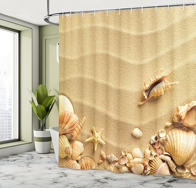 Ambesonne Seashells Shower Curtain, Seashells on Sandy Beach Starfish Summer Travel Destination Sand Shells Nature, Cloth Fabric Bathroom Decor Set with Hooks, 69" W x 84" L, Brown