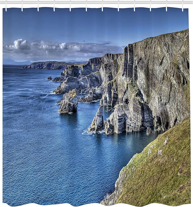 Ambesonne Coastal Shower Curtain, Atlantic Coast Cliffs at Mizen Head County Cork Ireland Ocean Coastal Scenery, Cloth Fabric Bathroom Decor Set with Hooks, 69" W x 70" L, Taupe Green