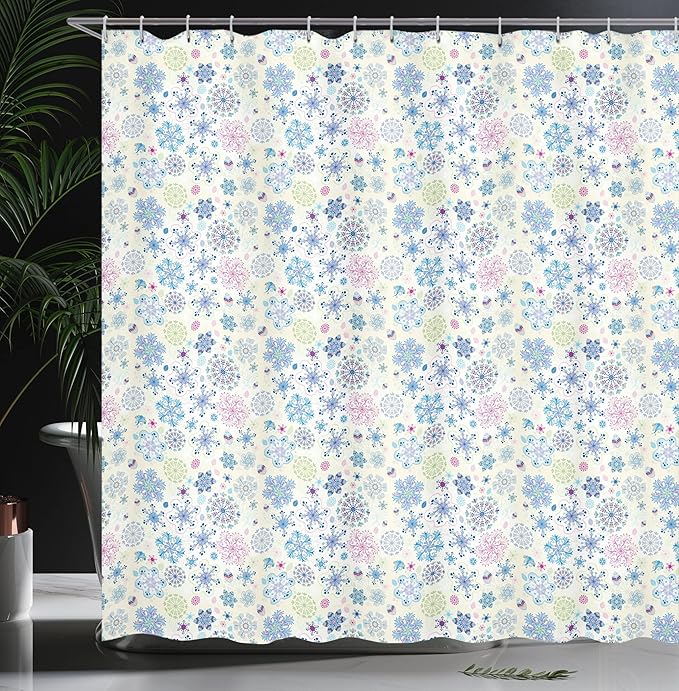 Ambesonne Snowflake Shower Curtain, Christmas Themed Abstract Winter Season Motifs and Leaves Colorful Composition, Cloth Fabric Bathroom Decor Set with Hooks, 69" W x 75" L, Cream Blue