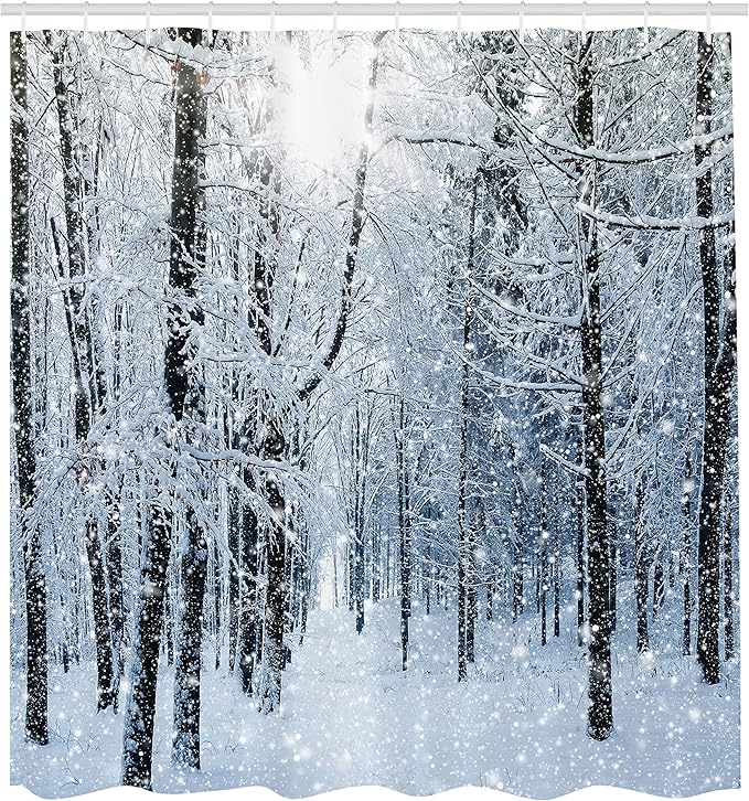 Ambesonne Winter Shower Curtain, Snow Covered Forest Idyllic Early Morning Scenery Seasonal Xmas Nature, Cloth Fabric Bathroom Decor Set with Hooks, 69" W x 70" L, Black White Slate Blue