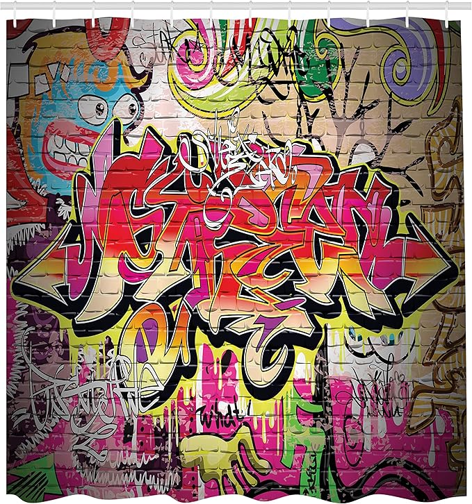 Ambesonne Brick Wall Shower Curtain, Graffiti on Wall Urban Street Art with Spray Paint Tagger Underground Theme, Cloth Fabric Bathroom Decor Set with Hooks, 69" W x 75" L, Soft Red