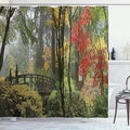 Ambesonne Landscape Shower Curtain, Wet Wooden Bridge by Portland Japanese Asian Style Garden Oregon Autumn Season Americana, Cloth Fabric Bathroom Decor Set with Hooks, 69" W x 84" L, Coffee Green