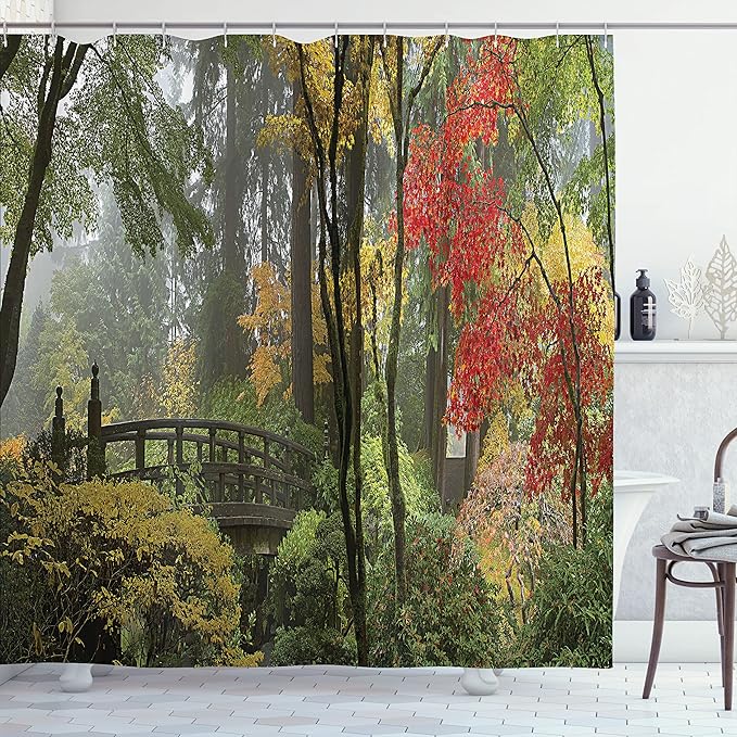 Ambesonne Landscape Shower Curtain, Wet Wooden Bridge by Portland Japanese Asian Style Garden Oregon Autumn Season Americana, Cloth Fabric Bathroom Decor Set with Hooks, 69" W x 84" L, Coffee Green