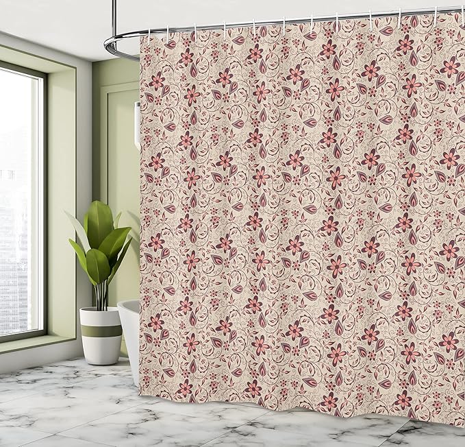 Ambesonne Floral Shower Curtain, Blossoming Spring Meadow Pattern in Retro Style with Curly Details, Cloth Fabric Bathroom Decor Set with Hooks, 69" W x 75" L, Tan Coral