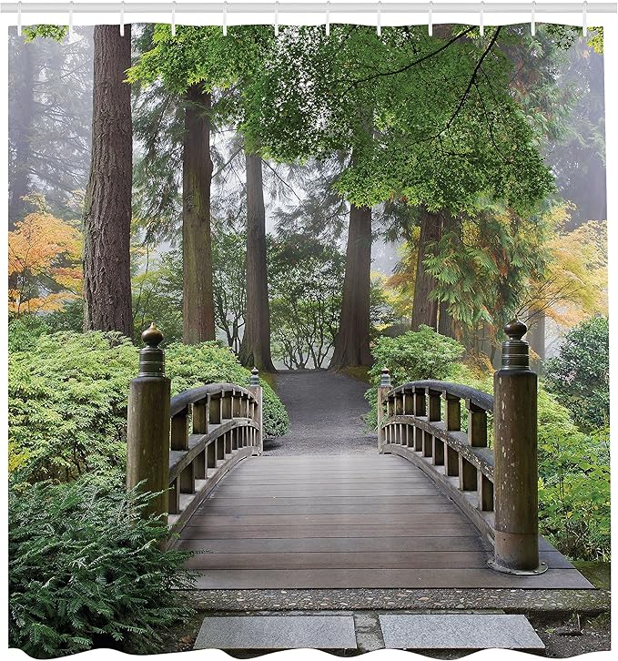 Ambesonne Japanese Shower Curtain, Foggy Morning Wooden Bridge at Japanese Garden with Trees in Autumn Image, Cloth Fabric Bathroom Decor Set with Hooks, 69" W x 70" L, Taupe Green
