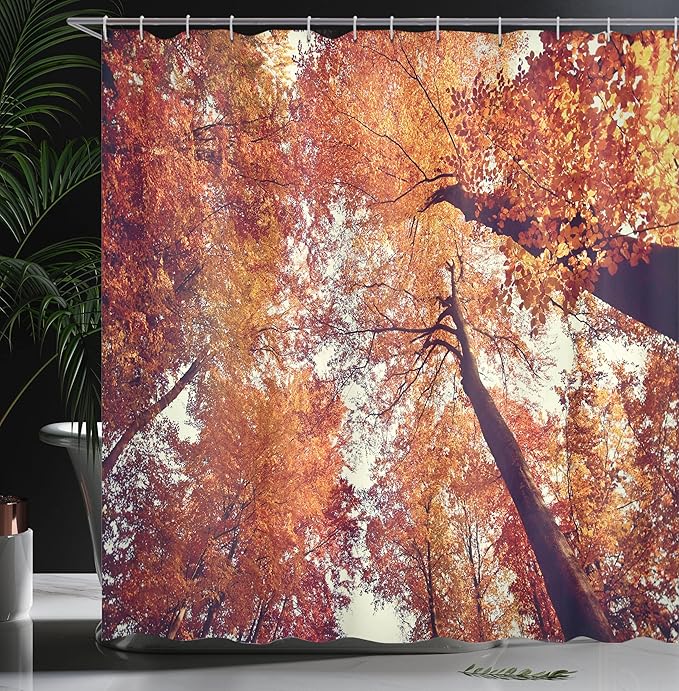 Ambesonne Forest Shower Curtain, Forest with Deciduous Trees Shedding Leaf Shady Toned Flora Scenery Photo Art, Cloth Fabric Bathroom Decor Set with Hooks, 69" W x 70" L, Orange